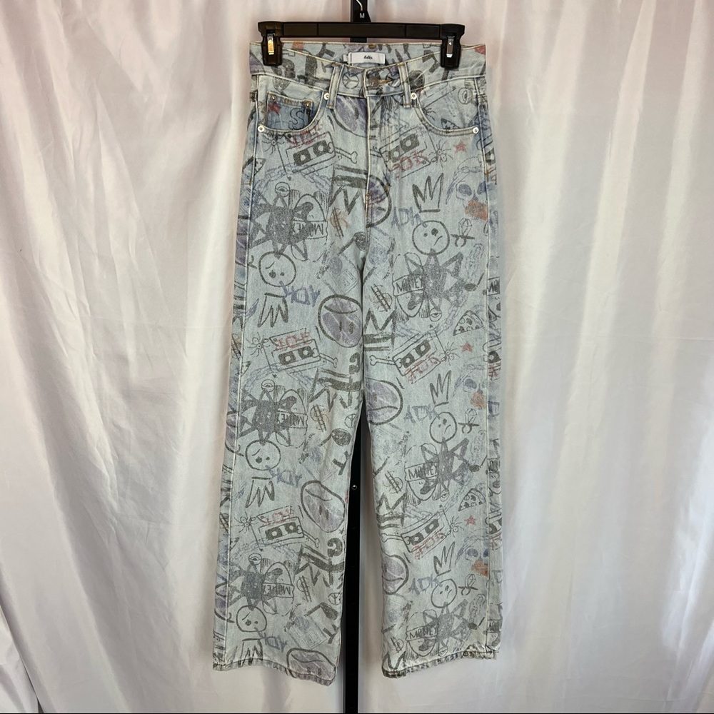 Adika Light Wash Graffiti Print Denim Pants, size Small NWT